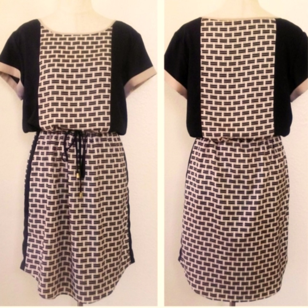 Vince Camuto Basket Weave Tie-Waist Dress Size 4 Black Tan Cream Brown Print EUC